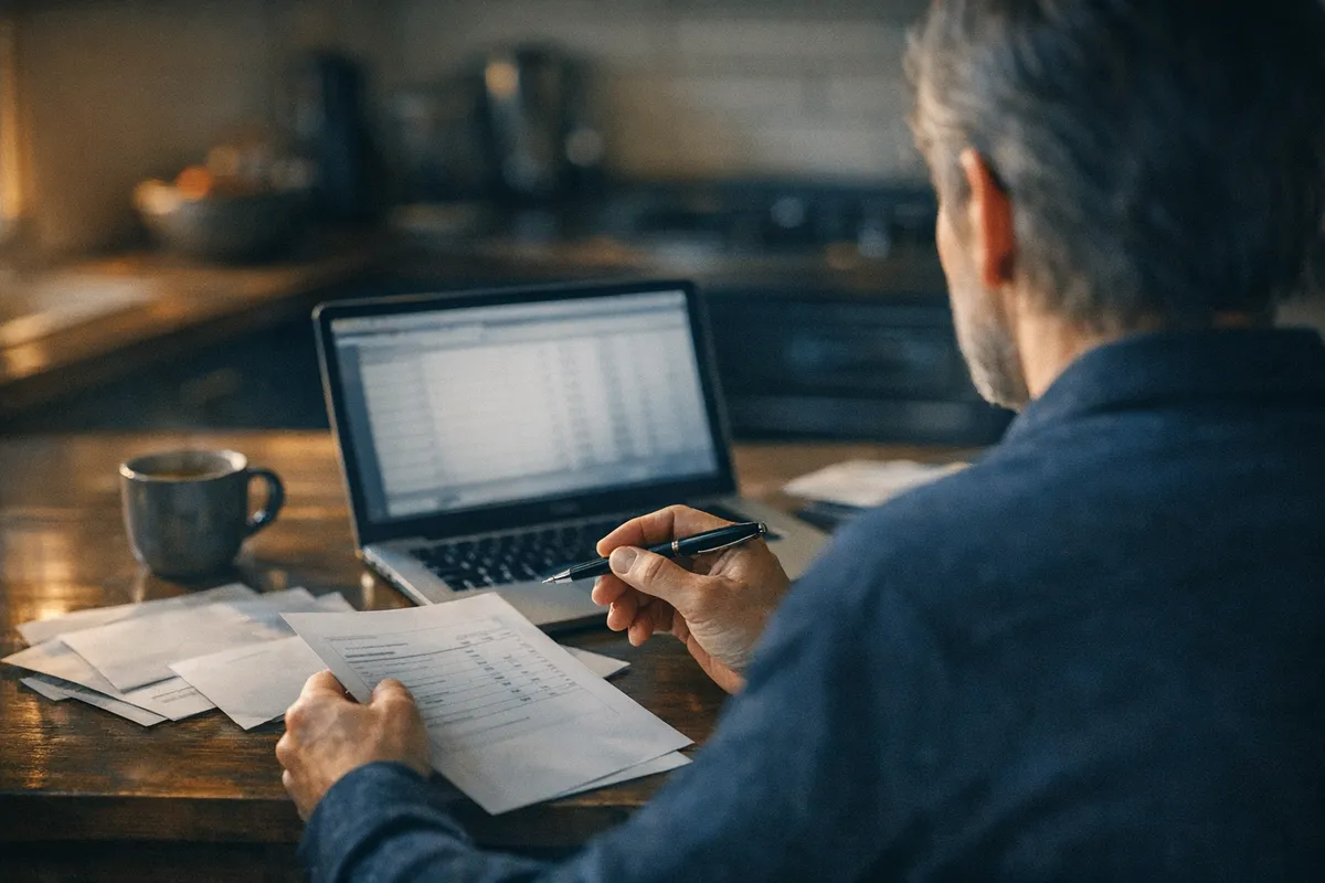 Une personne examine ses courriers et prépare un règlement