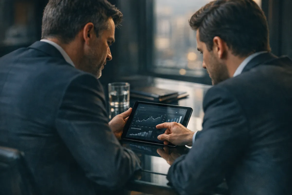 Deux associés analysent un rapport de recouvrement sur une tablette